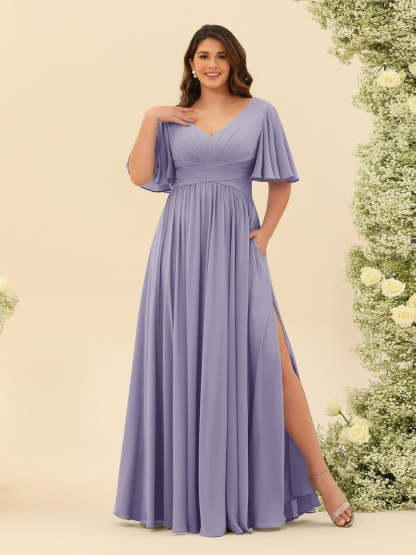 Plus Size Chiffon Bridesmaid Dress with V-Neck and Side Split in A-Line Cut
