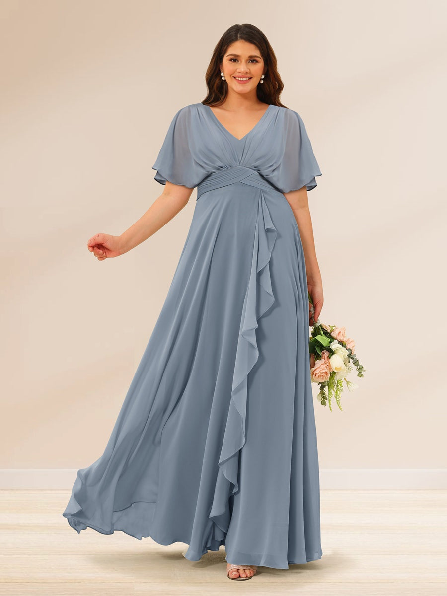 Plus Size V-Neck A-Line Bridesmaid Dresses with Short Sleeves and Pockets