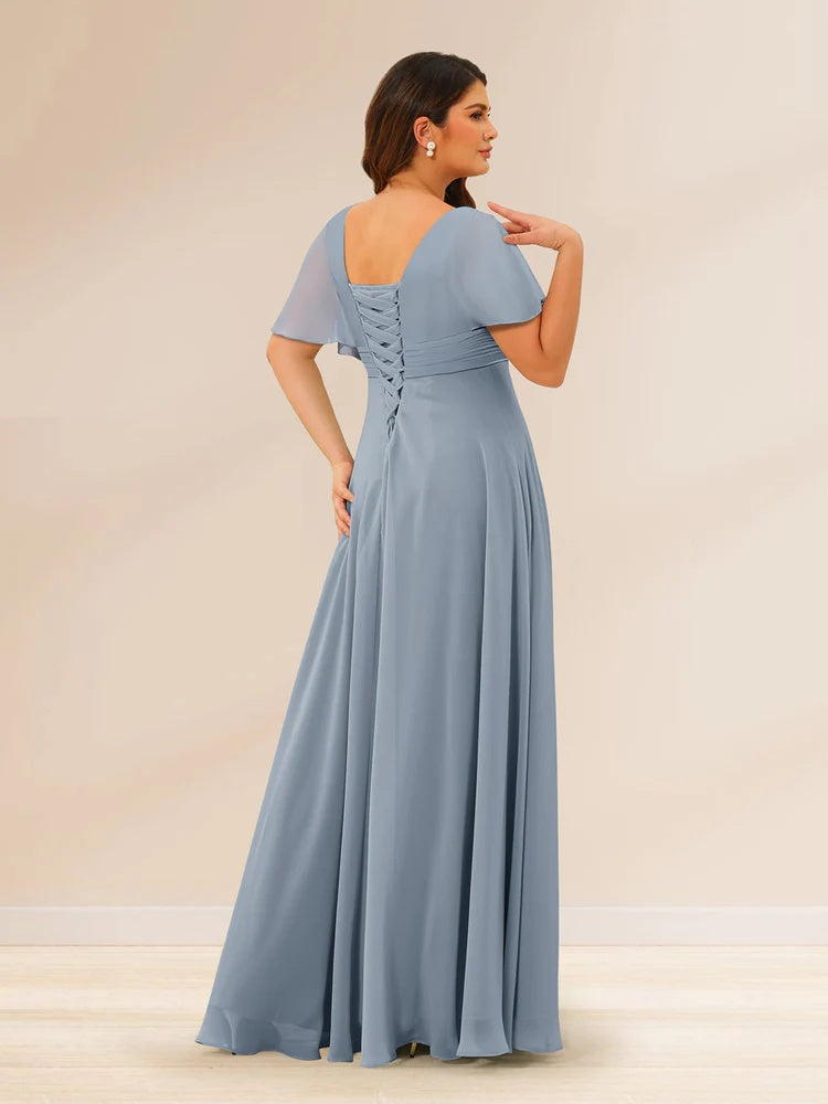 Plus Size V-Neck A-Line Bridesmaid Dresses with Short Sleeves and Pockets