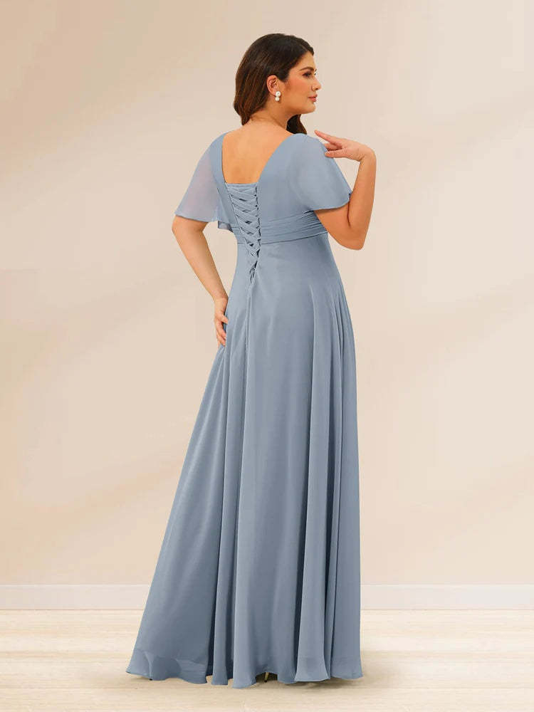 Plus Size V-Neck A-Line Bridesmaid Dresses with Short Sleeves and Pockets