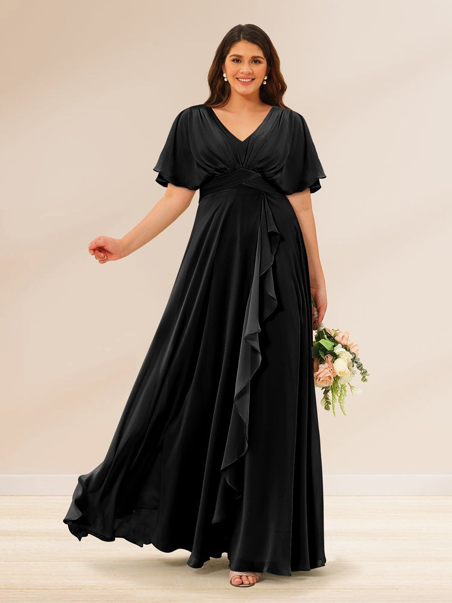 Plus Size V-Neck A-Line Bridesmaid Dresses with Short Sleeves and Pockets