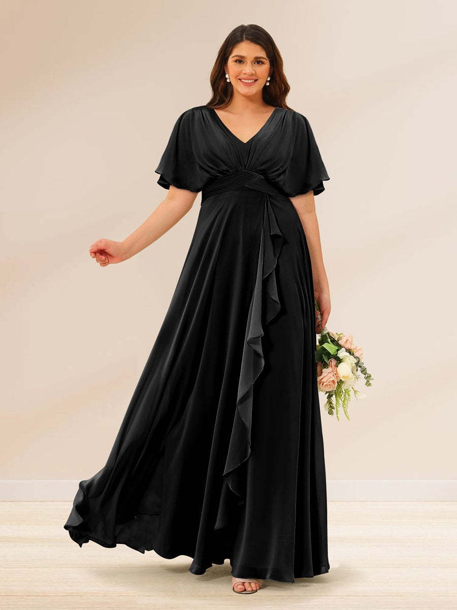 Plus Size V-Neck A-Line Bridesmaid Dresses with Short Sleeves and Pockets