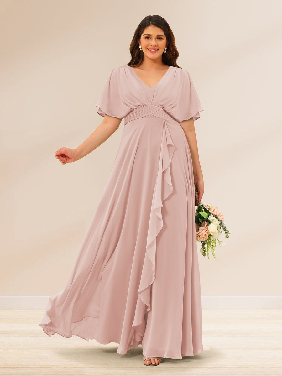 Plus Size V-Neck A-Line Bridesmaid Dresses with Short Sleeves and Pockets