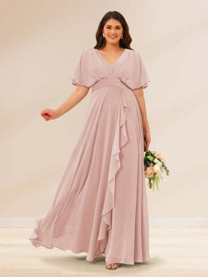 Plus Size V-Neck A-Line Bridesmaid Dresses with Short Sleeves and Pockets