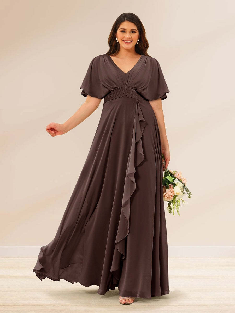 Plus Size V-Neck A-Line Bridesmaid Dresses with Short Sleeves and Pockets
