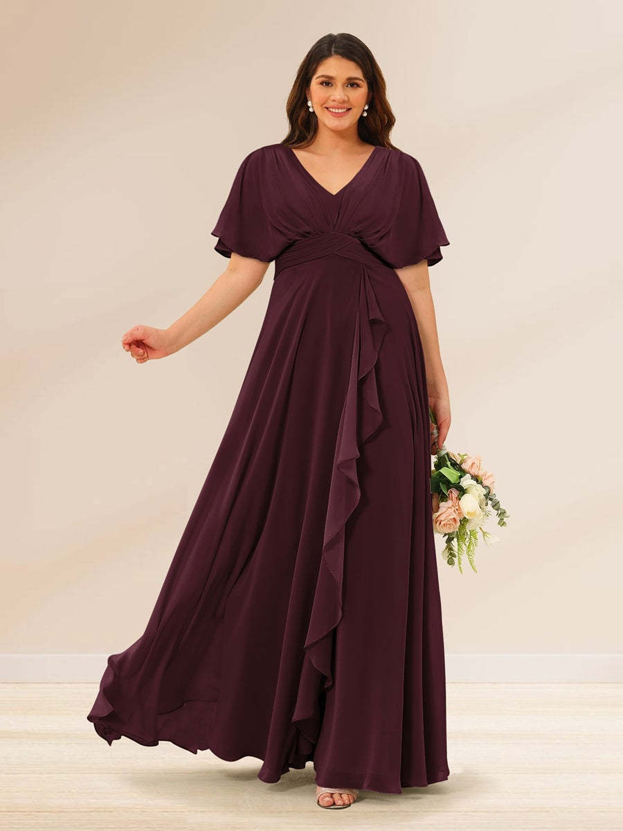 Plus Size V-Neck A-Line Bridesmaid Dresses with Short Sleeves and Pockets