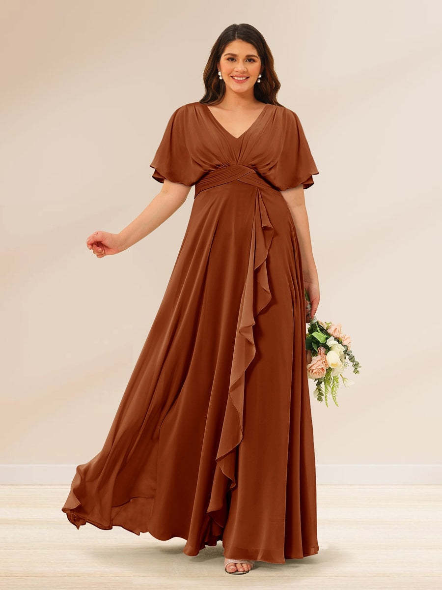 Plus Size V-Neck A-Line Bridesmaid Dresses with Short Sleeves and Pockets