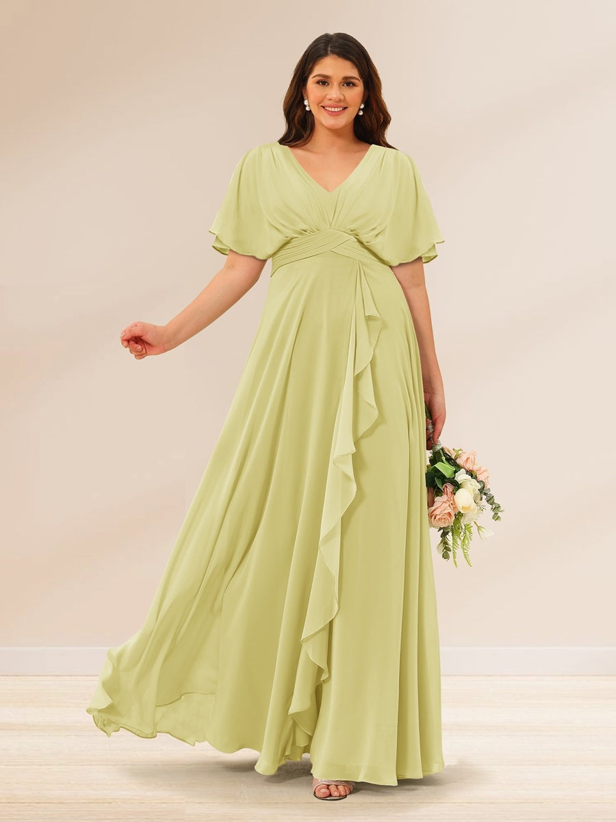 Plus Size V-Neck A-Line Bridesmaid Dresses with Short Sleeves and Pockets
