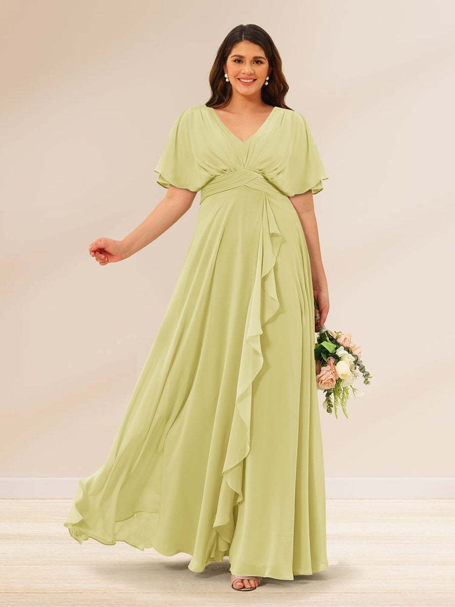 Plus Size V-Neck A-Line Bridesmaid Dresses with Short Sleeves and Pockets