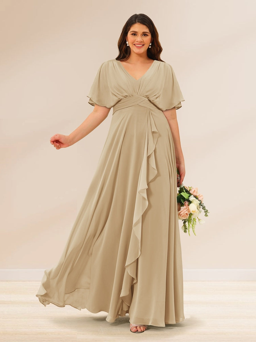 Plus Size V-Neck A-Line Bridesmaid Dresses with Short Sleeves and Pockets