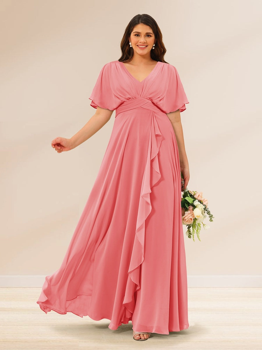 Plus Size V-Neck A-Line Bridesmaid Dresses with Short Sleeves and Pockets