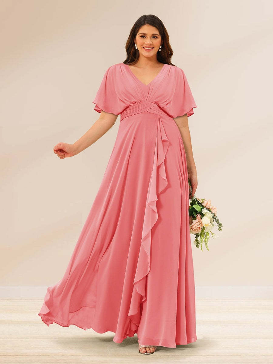 Plus Size V-Neck A-Line Bridesmaid Dresses with Short Sleeves and Pockets