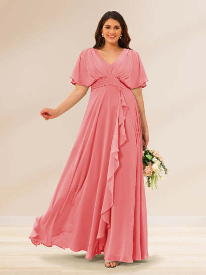 Plus Size V-Neck A-Line Bridesmaid Dresses with Short Sleeves and Pockets