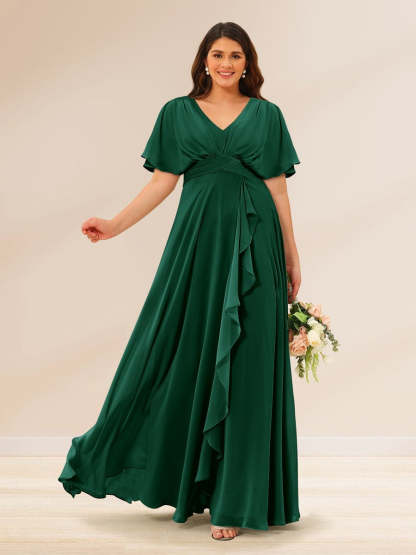 Plus Size V-Neck A-Line Bridesmaid Dresses with Short Sleeves and Pockets
