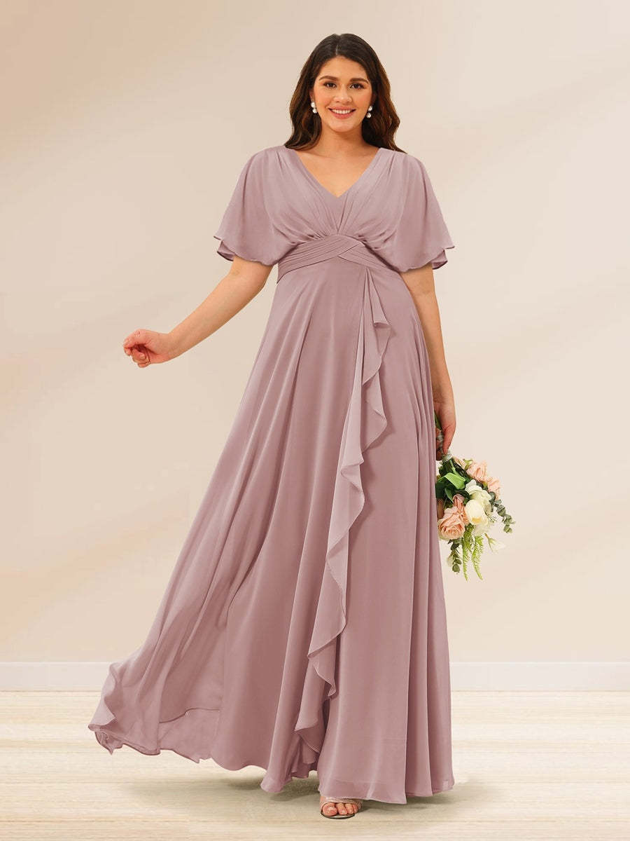Plus Size V-Neck A-Line Bridesmaid Dresses with Short Sleeves and Pockets