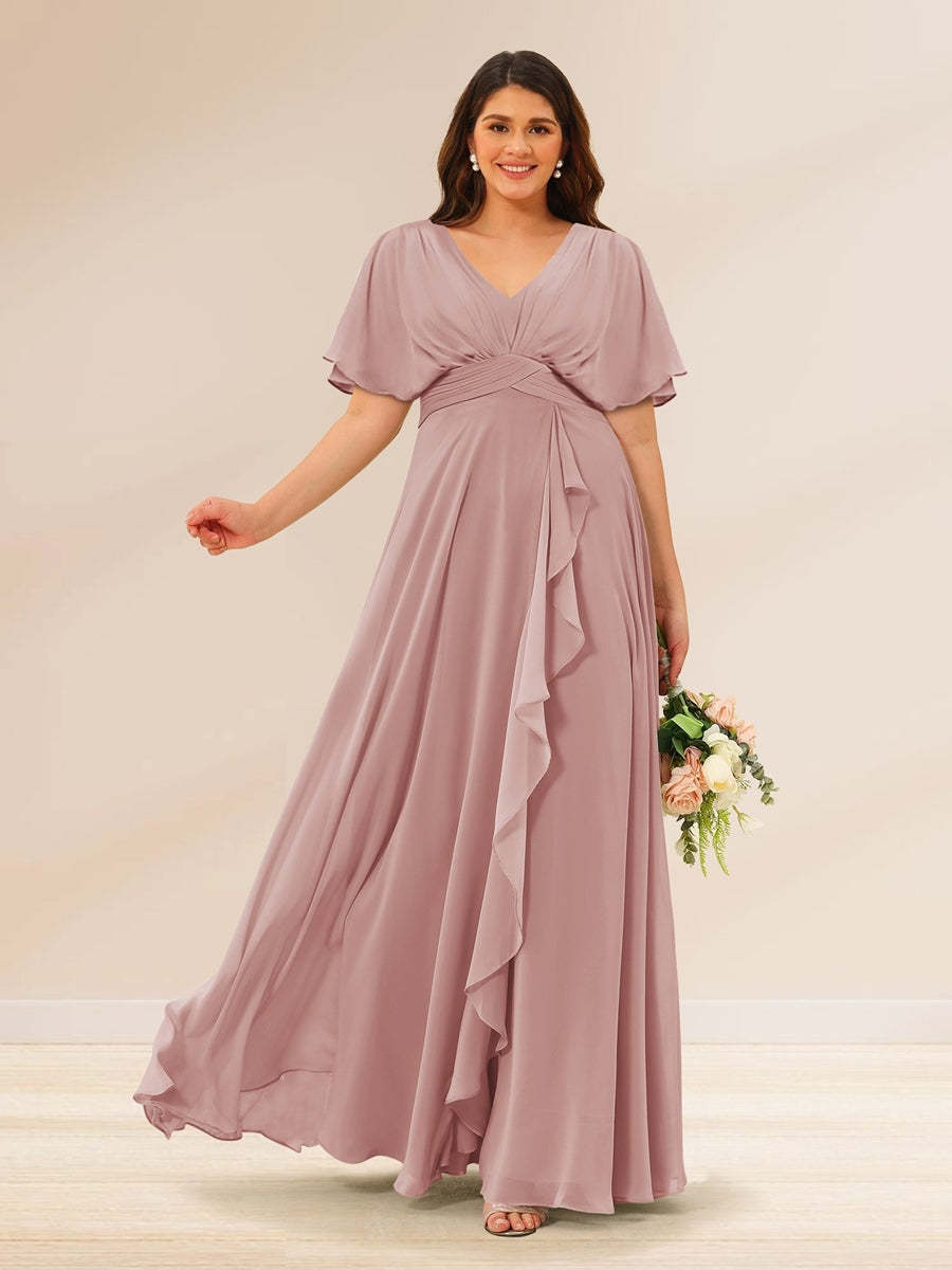 Plus Size V-Neck A-Line Bridesmaid Dresses with Short Sleeves and Pockets