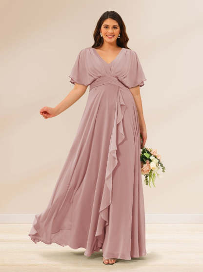 Plus Size V-Neck A-Line Bridesmaid Dresses with Short Sleeves and Pockets