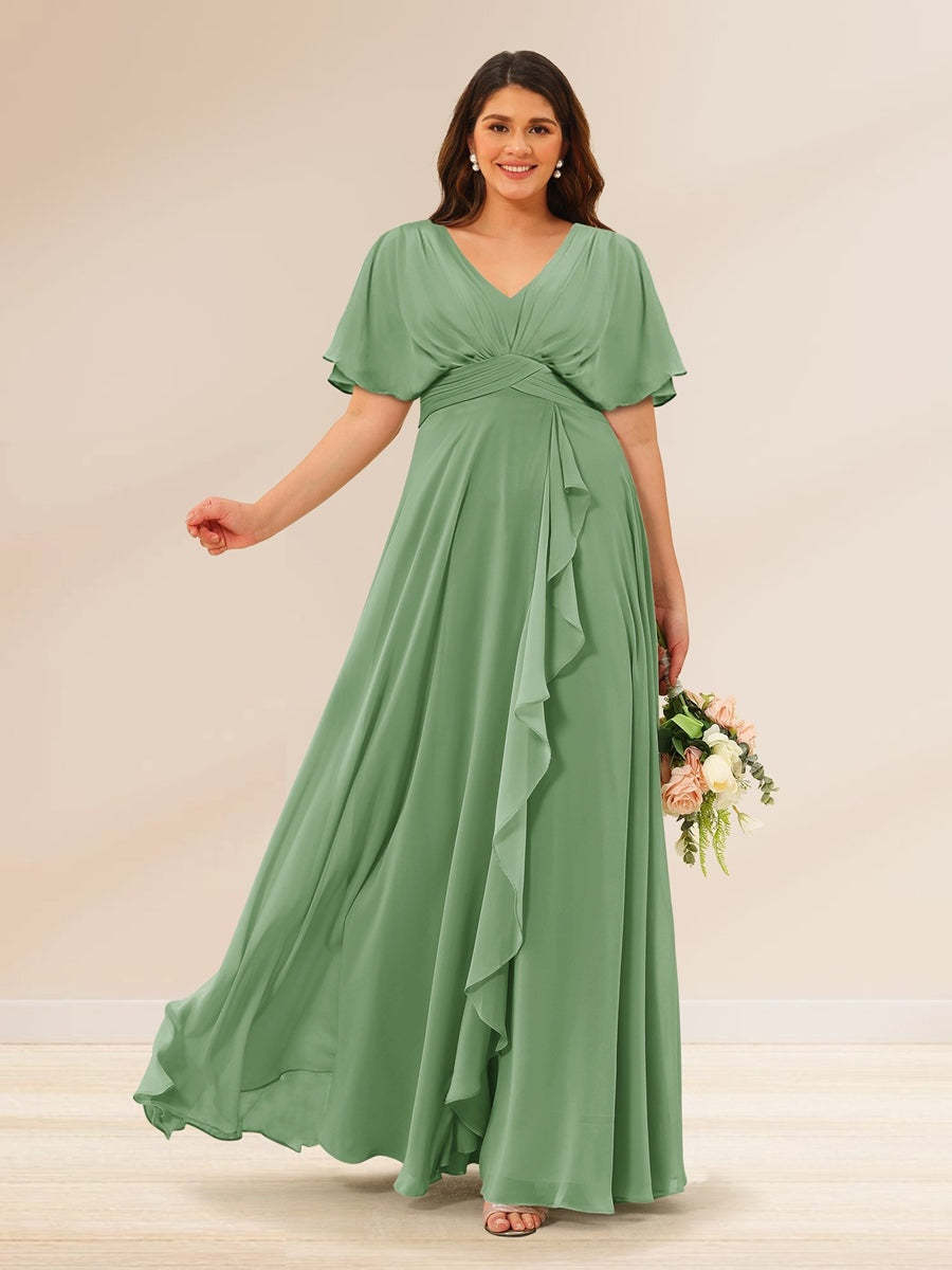 Plus Size V-Neck A-Line Bridesmaid Dresses with Short Sleeves and Pockets