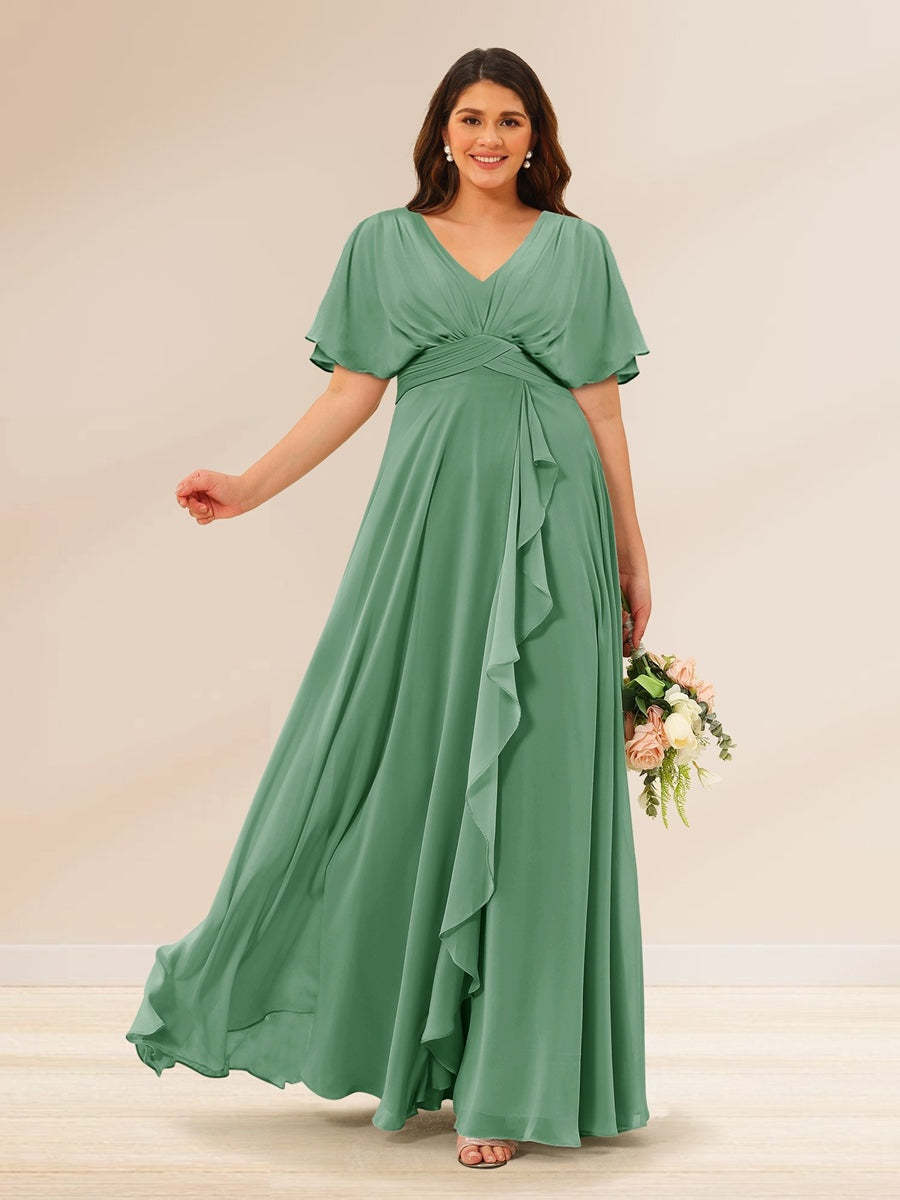 Plus Size V-Neck A-Line Bridesmaid Dresses with Short Sleeves and Pockets