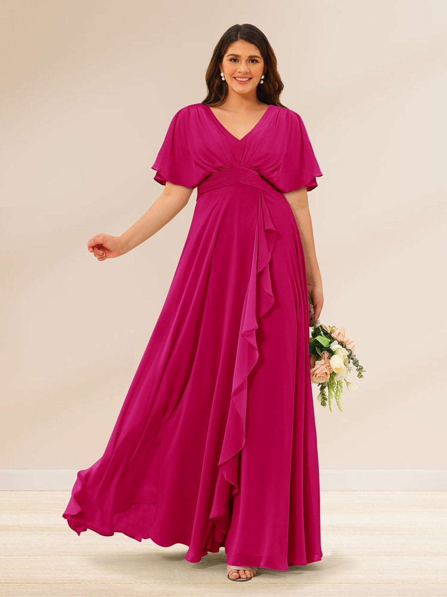 Plus Size V-Neck A-Line Bridesmaid Dresses with Short Sleeves and Pockets