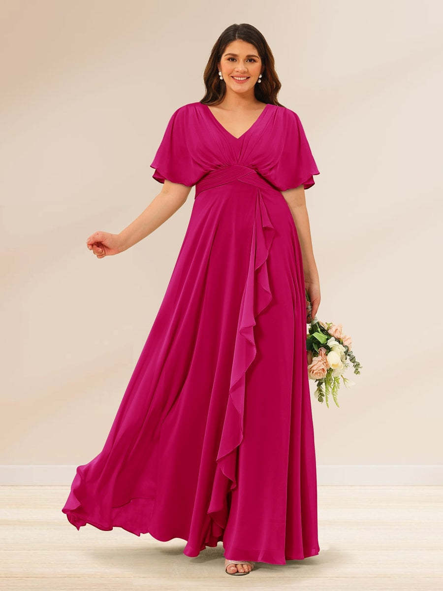 Plus Size V-Neck A-Line Bridesmaid Dresses with Short Sleeves and Pockets