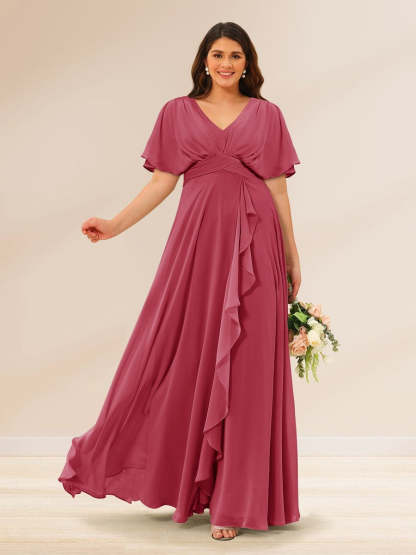 Plus Size V-Neck A-Line Bridesmaid Dresses with Short Sleeves and Pockets