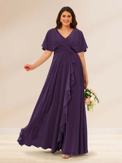 Plus Size V-Neck A-Line Bridesmaid Dresses with Short Sleeves and Pockets