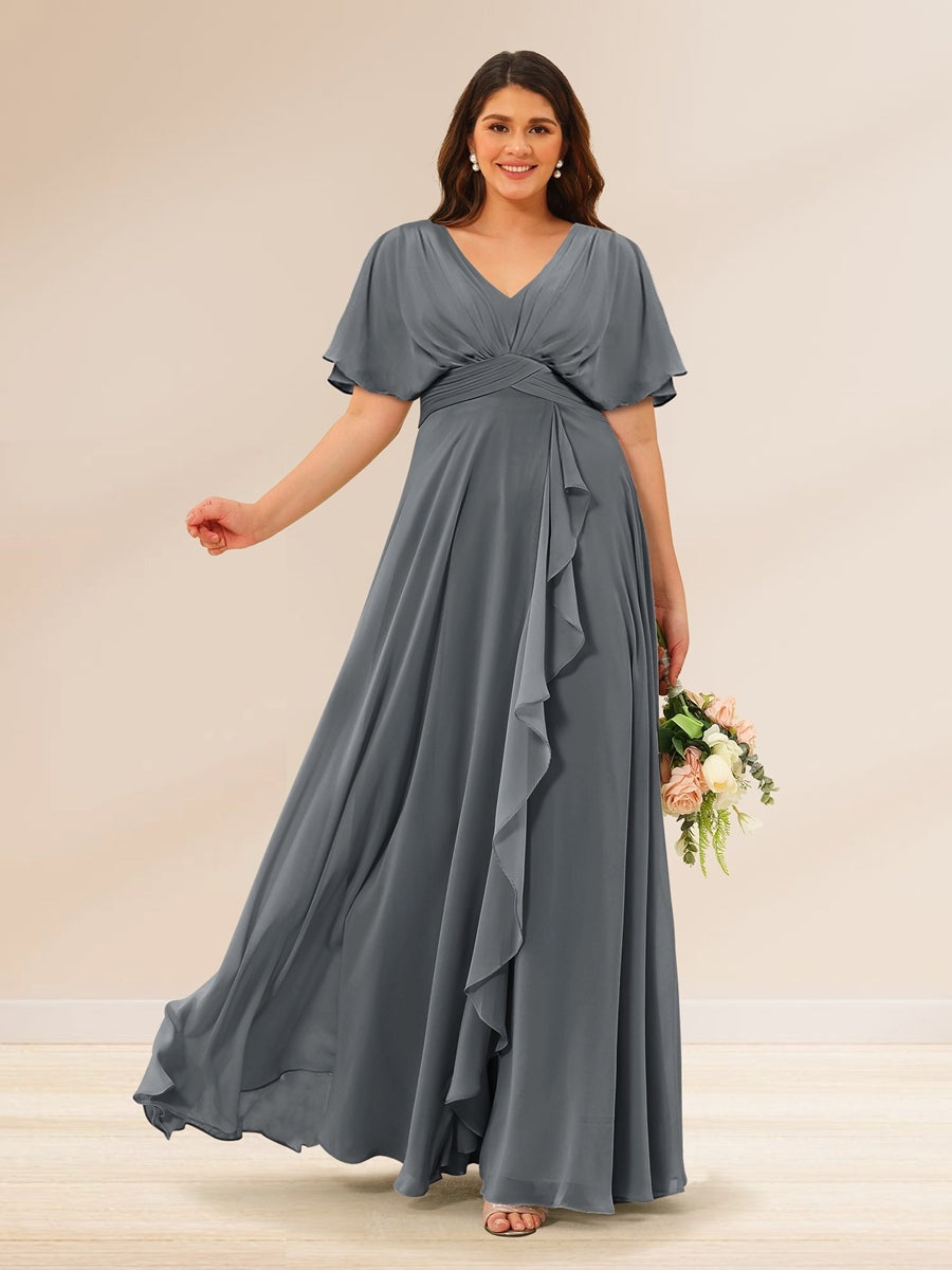 Plus Size V-Neck A-Line Bridesmaid Dresses with Short Sleeves and Pockets