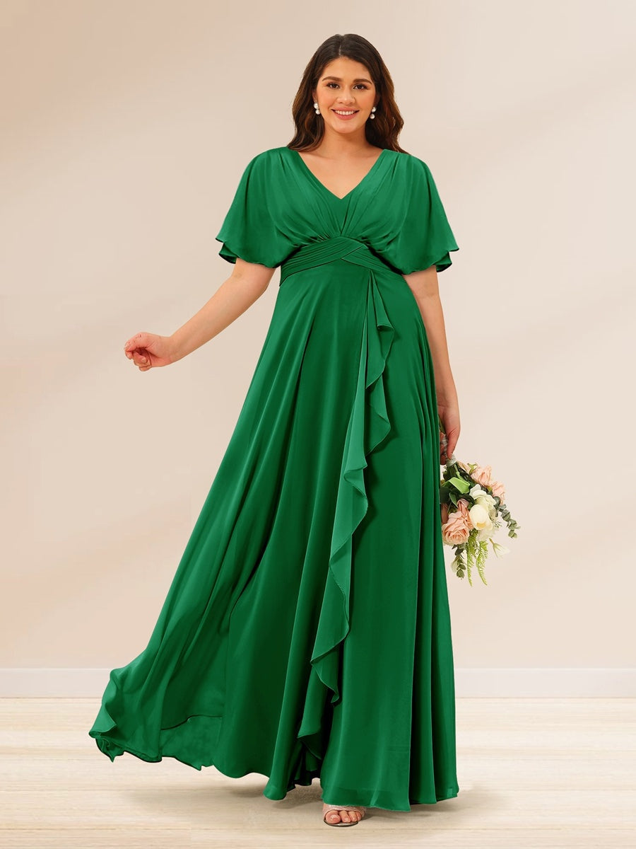 Plus Size V-Neck A-Line Bridesmaid Dresses with Short Sleeves and Pockets