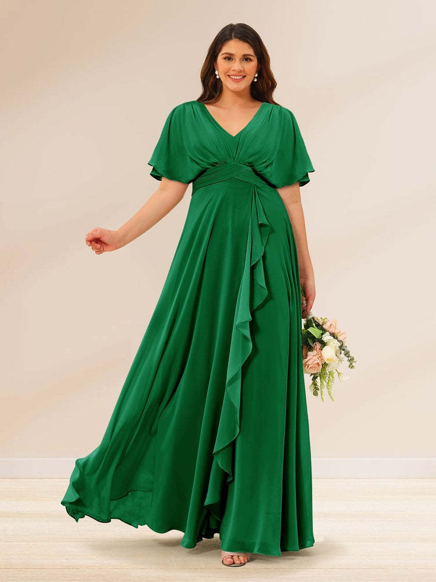Plus Size V-Neck A-Line Bridesmaid Dresses with Short Sleeves and Pockets
