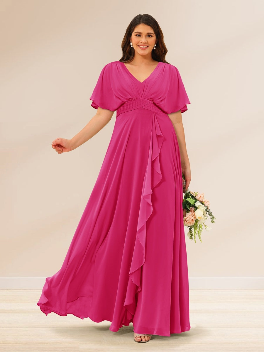 Plus Size V-Neck A-Line Bridesmaid Dresses with Short Sleeves and Pockets