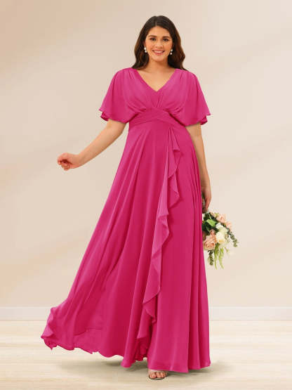 Plus Size V-Neck A-Line Bridesmaid Dresses with Short Sleeves and Pockets