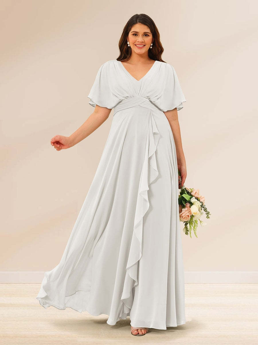 Plus Size V-Neck A-Line Bridesmaid Dresses with Short Sleeves and Pockets