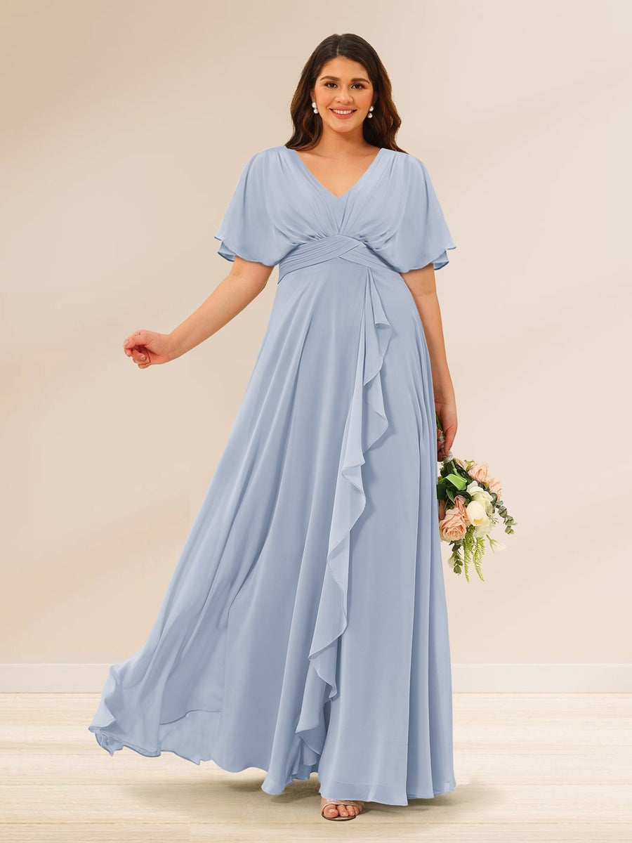 Plus Size V-Neck A-Line Bridesmaid Dresses with Short Sleeves and Pockets