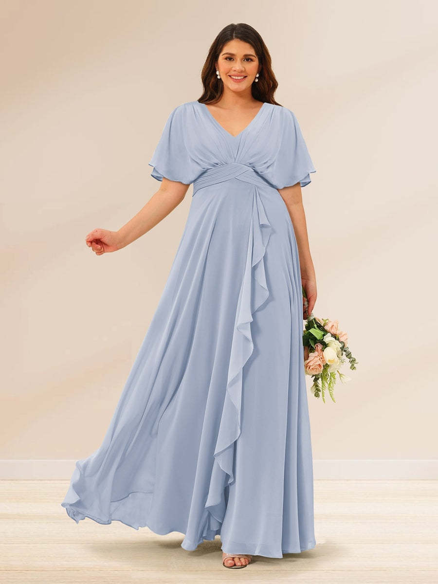 Plus Size V-Neck A-Line Bridesmaid Dresses with Short Sleeves and Pockets