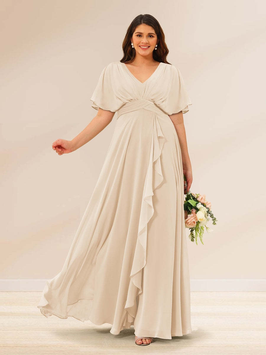 Plus Size V-Neck A-Line Bridesmaid Dresses with Short Sleeves and Pockets