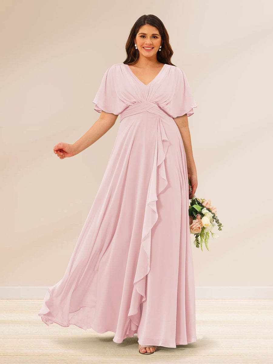 Plus Size V-Neck A-Line Bridesmaid Dresses with Short Sleeves and Pockets