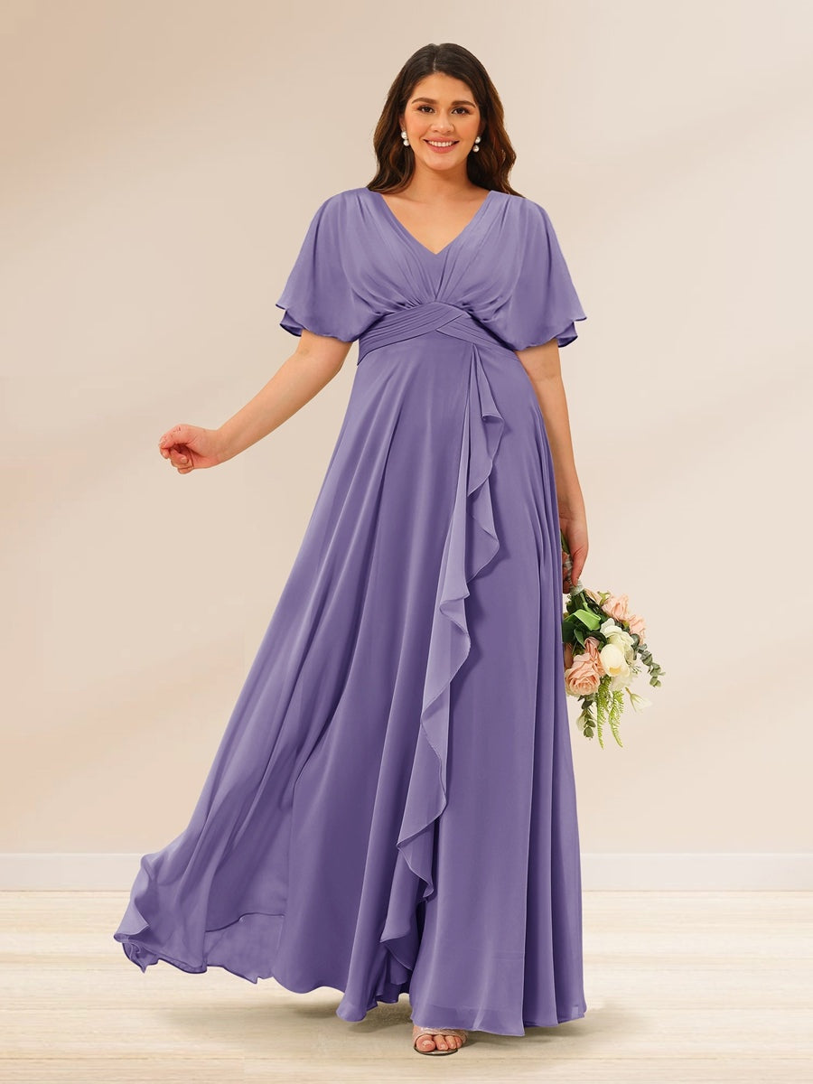 Plus Size V-Neck A-Line Bridesmaid Dresses with Short Sleeves and Pockets