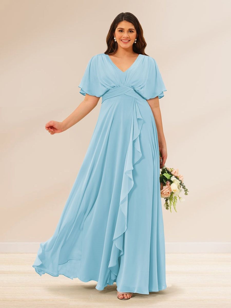 Plus Size V-Neck A-Line Bridesmaid Dresses with Short Sleeves and Pockets