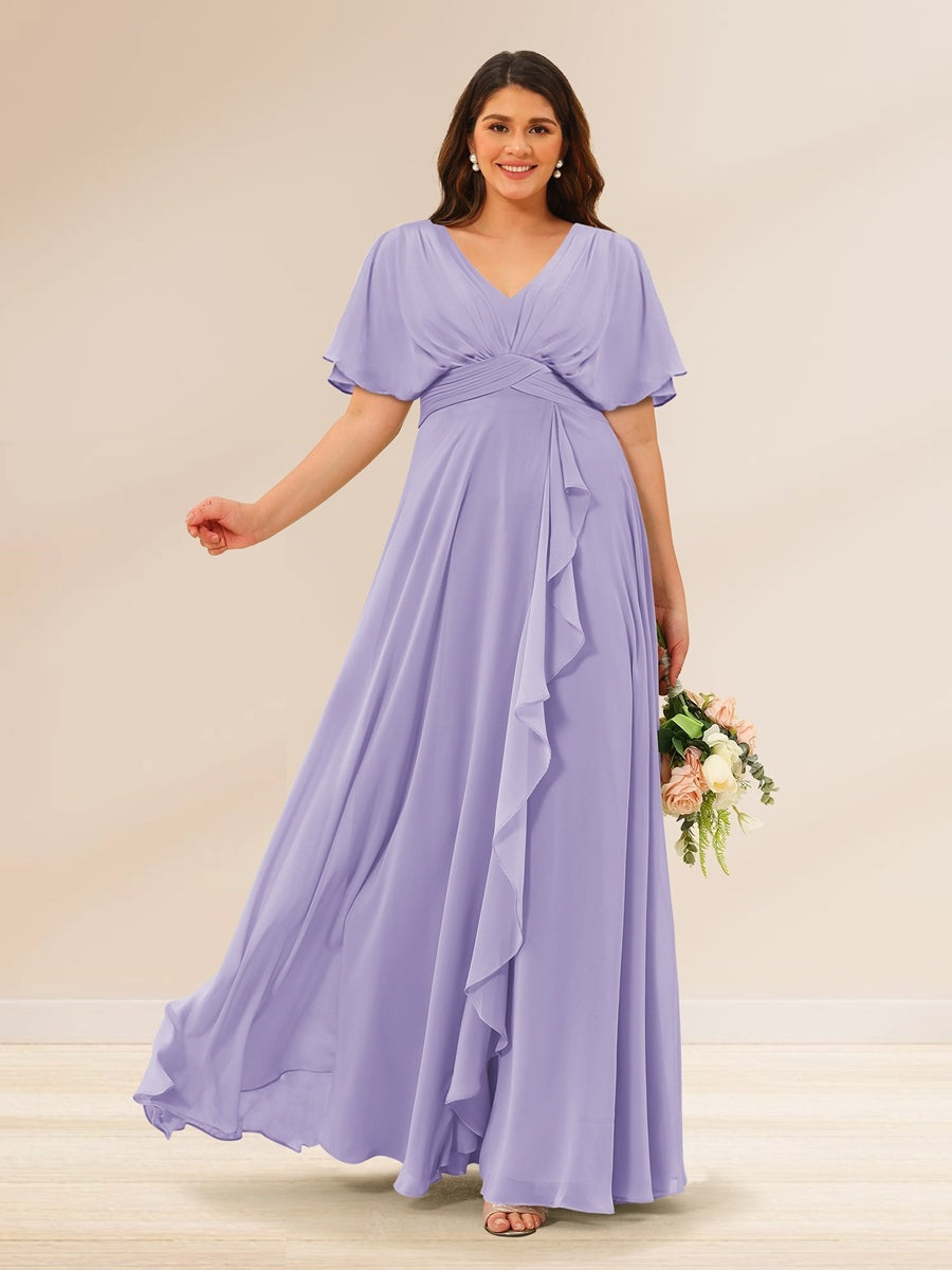 Plus Size V-Neck A-Line Bridesmaid Dresses with Short Sleeves and Pockets