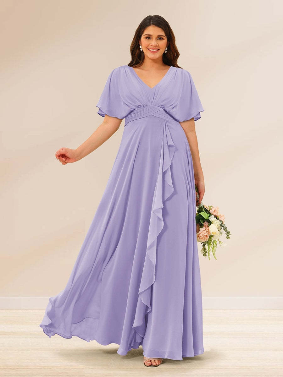 Plus Size V-Neck A-Line Bridesmaid Dresses with Short Sleeves and Pockets