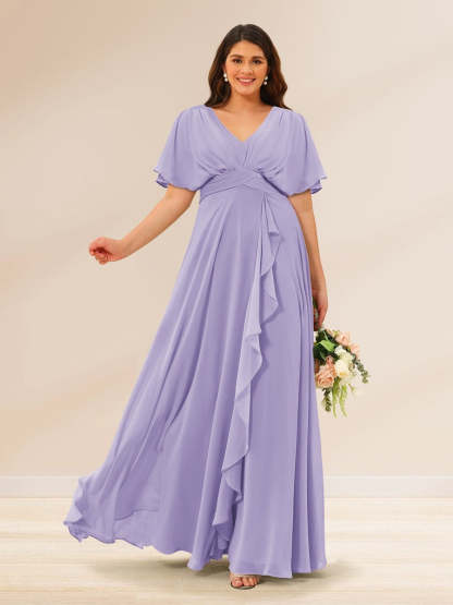 Plus Size V-Neck A-Line Bridesmaid Dresses with Short Sleeves and Pockets