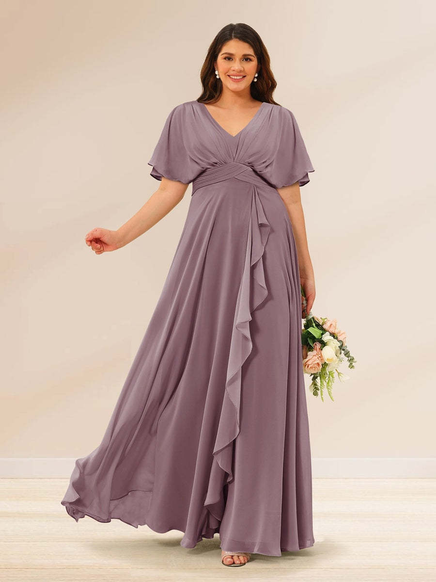Plus Size V-Neck A-Line Bridesmaid Dresses with Short Sleeves and Pockets