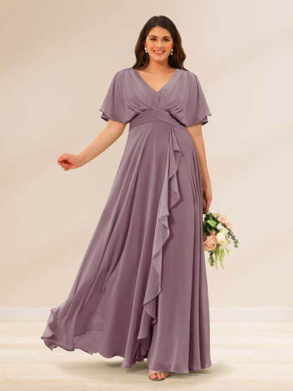 Plus Size V-Neck A-Line Bridesmaid Dresses with Short Sleeves and Pockets