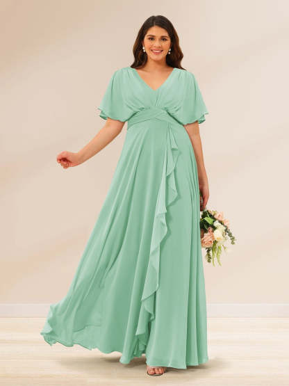 Plus Size V-Neck A-Line Bridesmaid Dresses with Short Sleeves and Pockets