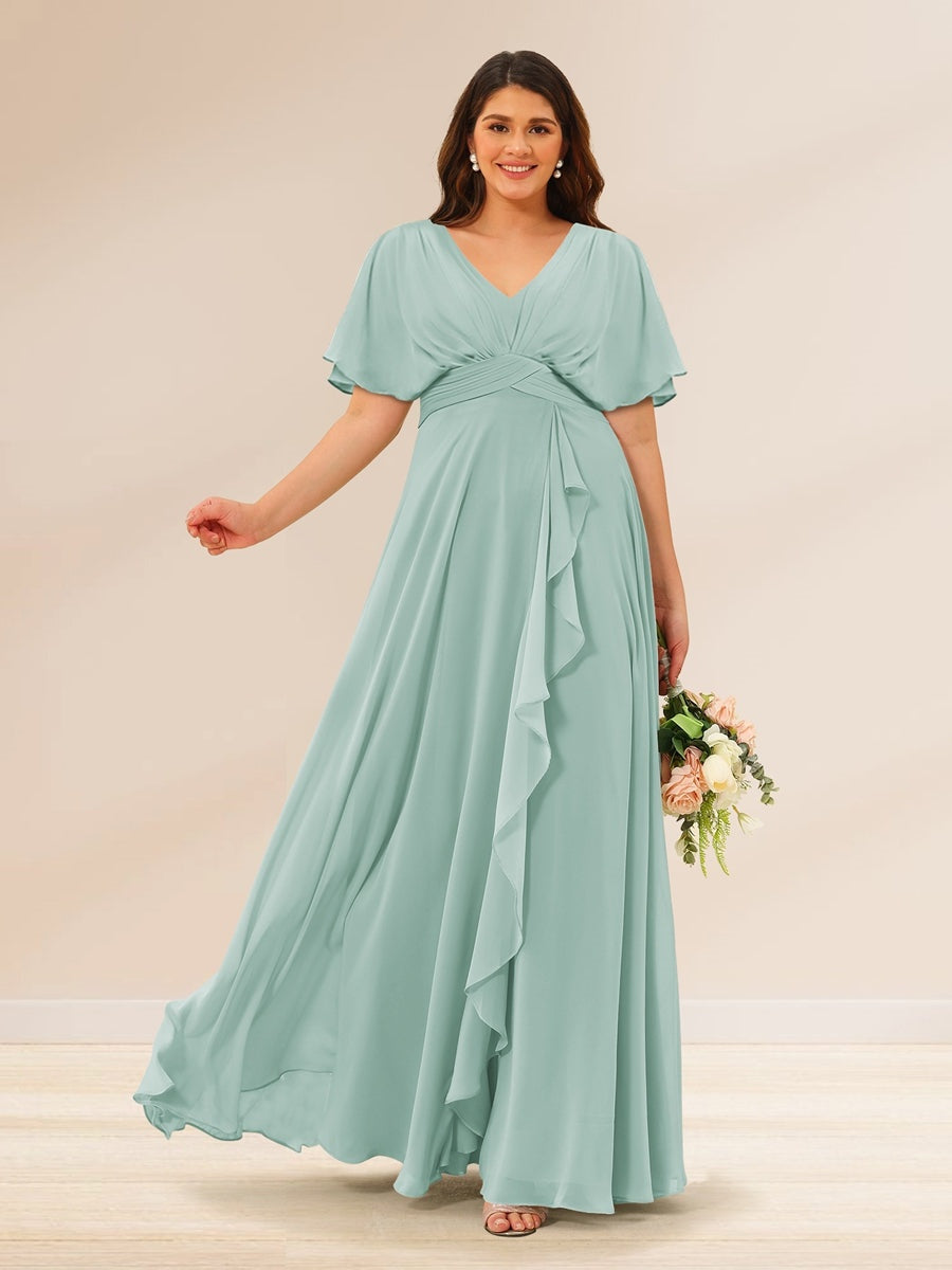 Plus Size V-Neck A-Line Bridesmaid Dresses with Short Sleeves and Pockets