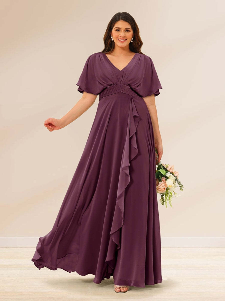 Plus Size V-Neck A-Line Bridesmaid Dresses with Short Sleeves and Pockets