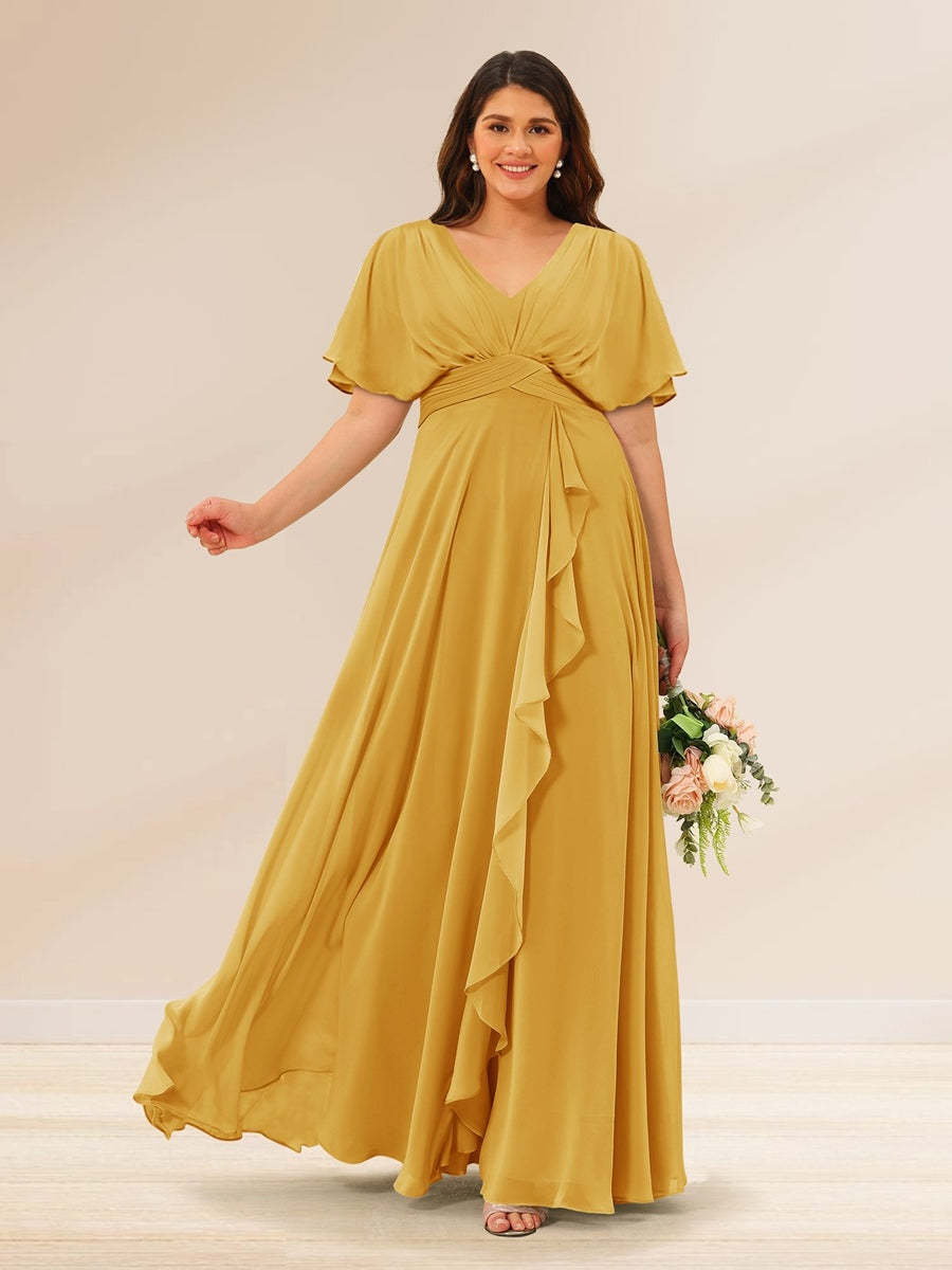 Plus Size V-Neck A-Line Bridesmaid Dresses with Short Sleeves and Pockets