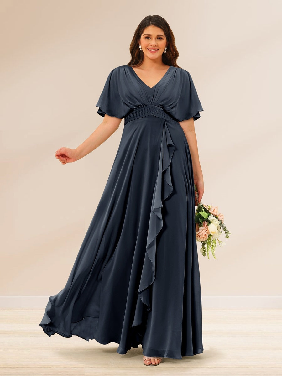 Plus Size V-Neck A-Line Bridesmaid Dresses with Short Sleeves and Pockets