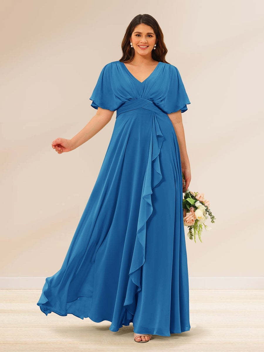 Plus Size V-Neck A-Line Bridesmaid Dresses with Short Sleeves and Pockets